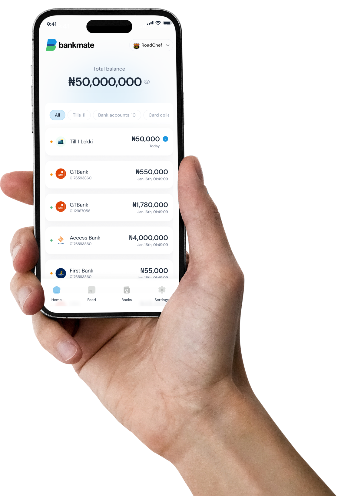 The BankMate app held in hand, showing a total balance of ₦50,000,000 and a list of bank accounts and till balances