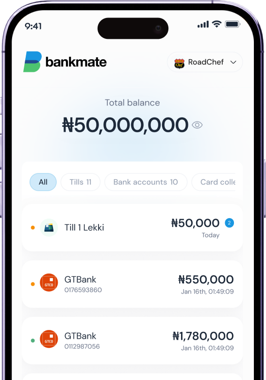 BankMate dashboard showing total balance ₦50,000,000 and a list of bank accounts and tills