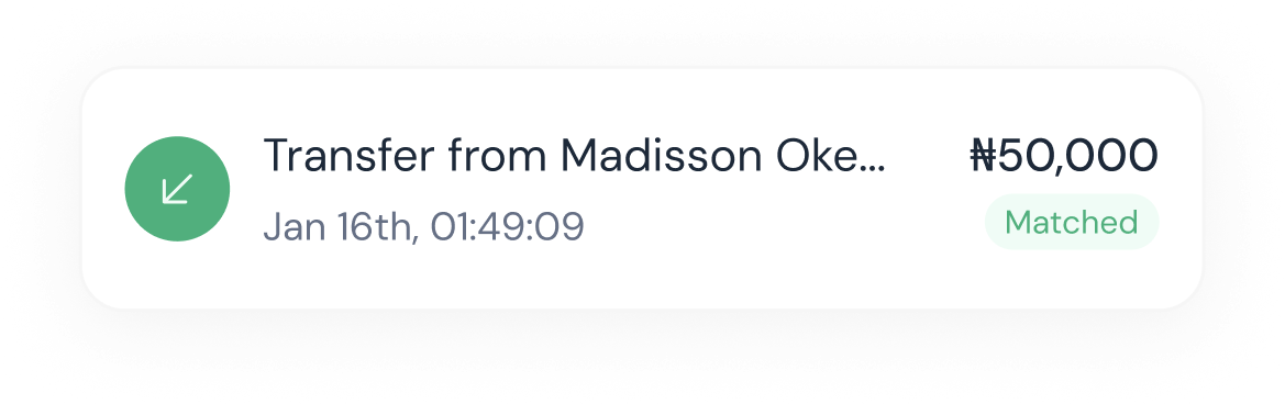 A matched transaction card: Transfer from Madisson, ₦50,000, Matched