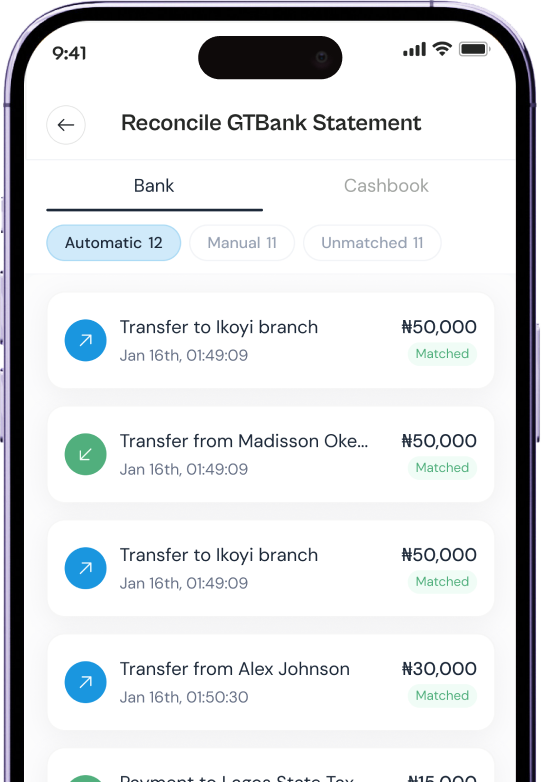 BankMate reconcile screen comparing a bank statement with the cashbook