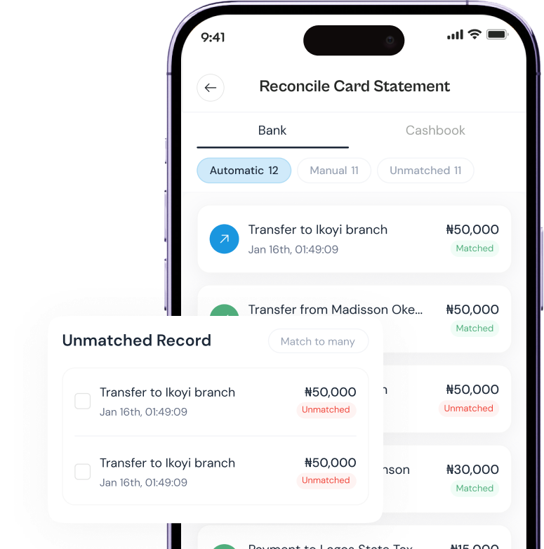 BankMate reconcile card statement screen with an Unmatched Record review card
